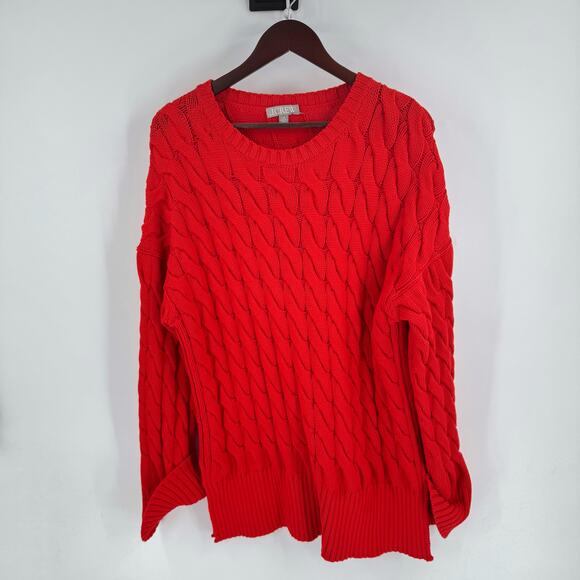 J.Crew Red Cotton Cable Knit Heavy Sweater Size L-XL Side Slit Crewneck Classic - Picture 9 of 10